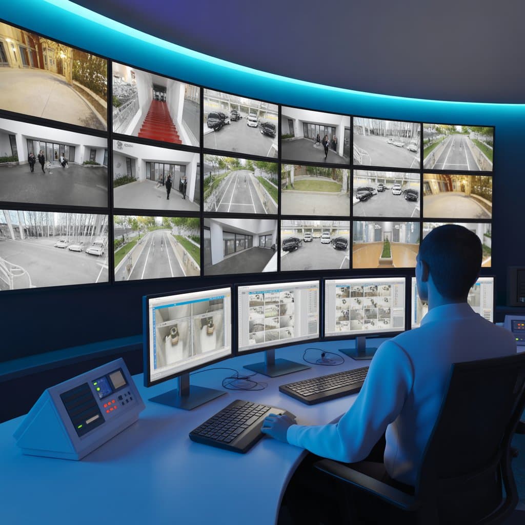 Centro de monitoramento com múltiplas telas e operação técnica